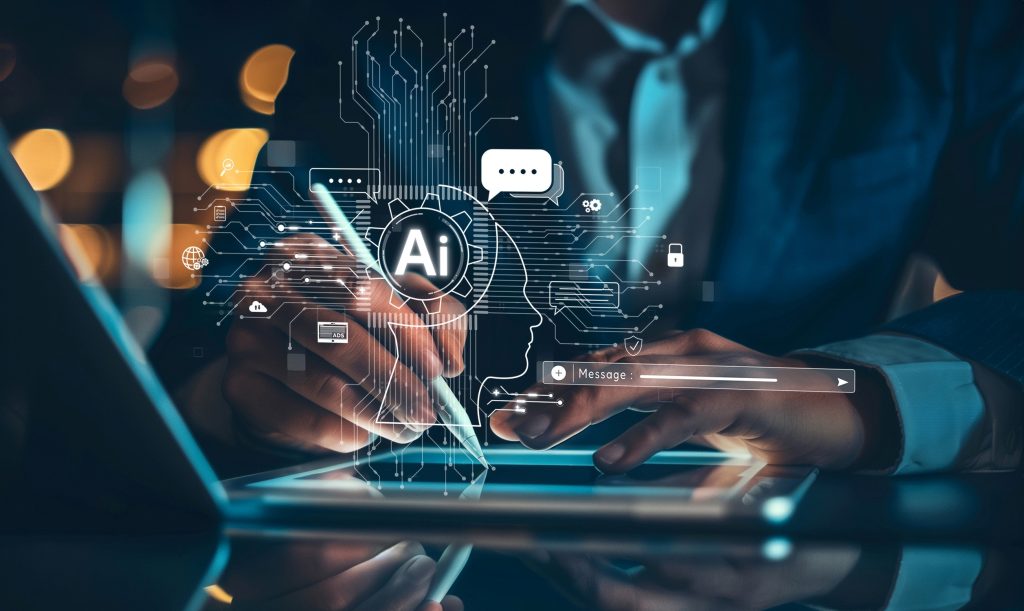 Os humanos interagem com assistentes virtuais de IA, como chatbots de inteligência artificial, no conceito de engenharia de prompts de IA, utilizando modelos de linguagem de grande escala (LLM) e aprendizado profundo para usar IA generativa como suporte ao trabalho.