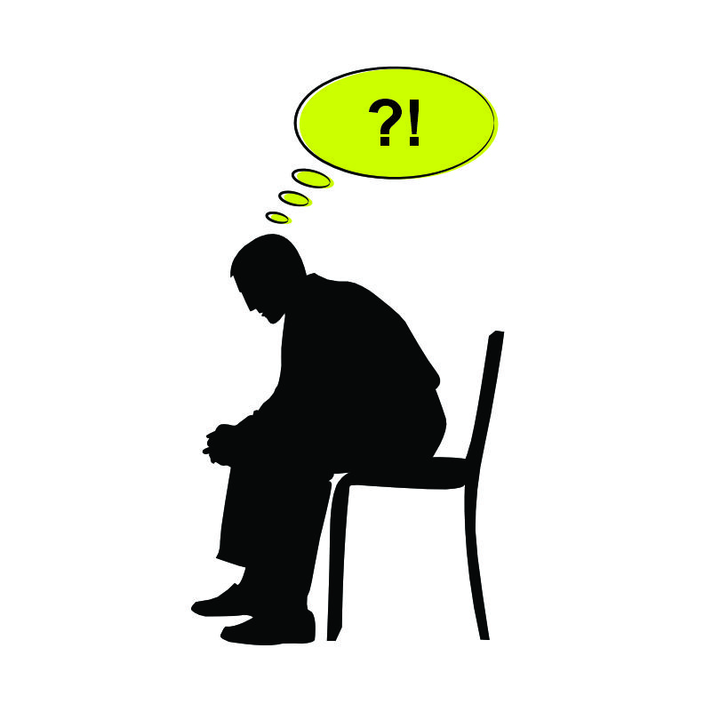 Ilustração de um homem sentado sob uma bolha de pensamento com dúvidas