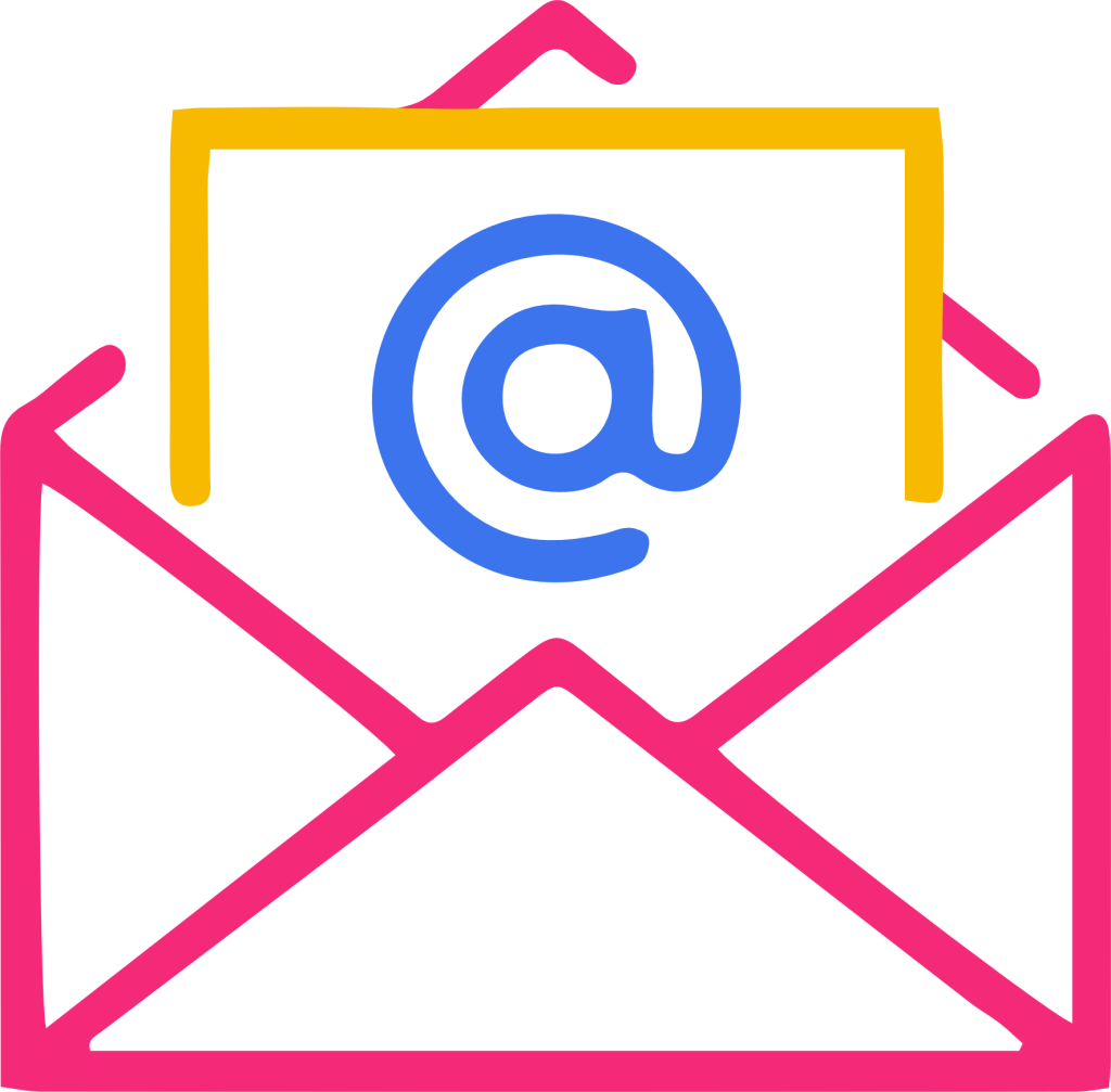 Desenho contorno de uma envelope, dentro uma carta e na carta um arroba, dando a entender que é um email para ser enviado